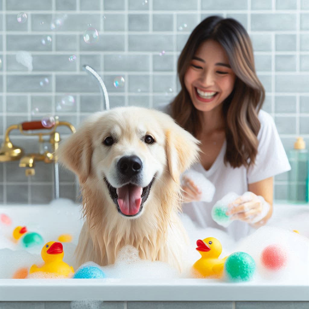 "Dog in a bath with bubbles, being bathed with pet shampoos and conditioners from Ultimate-Clean-Team