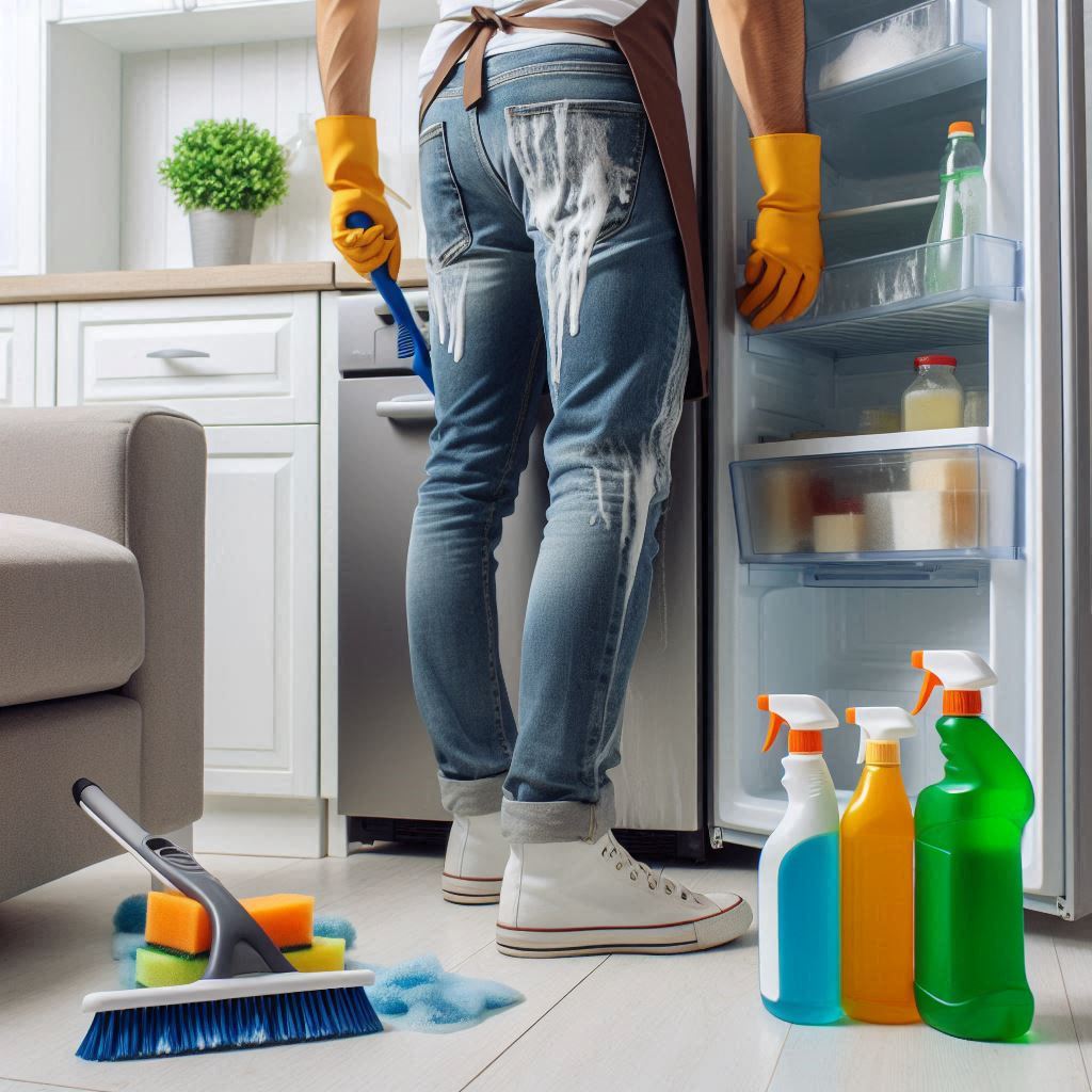 Person cleaning a fridge and freezer, including removing stains and odors, using fridge and freezer cleaning products from Ultimate-Clean-Team.