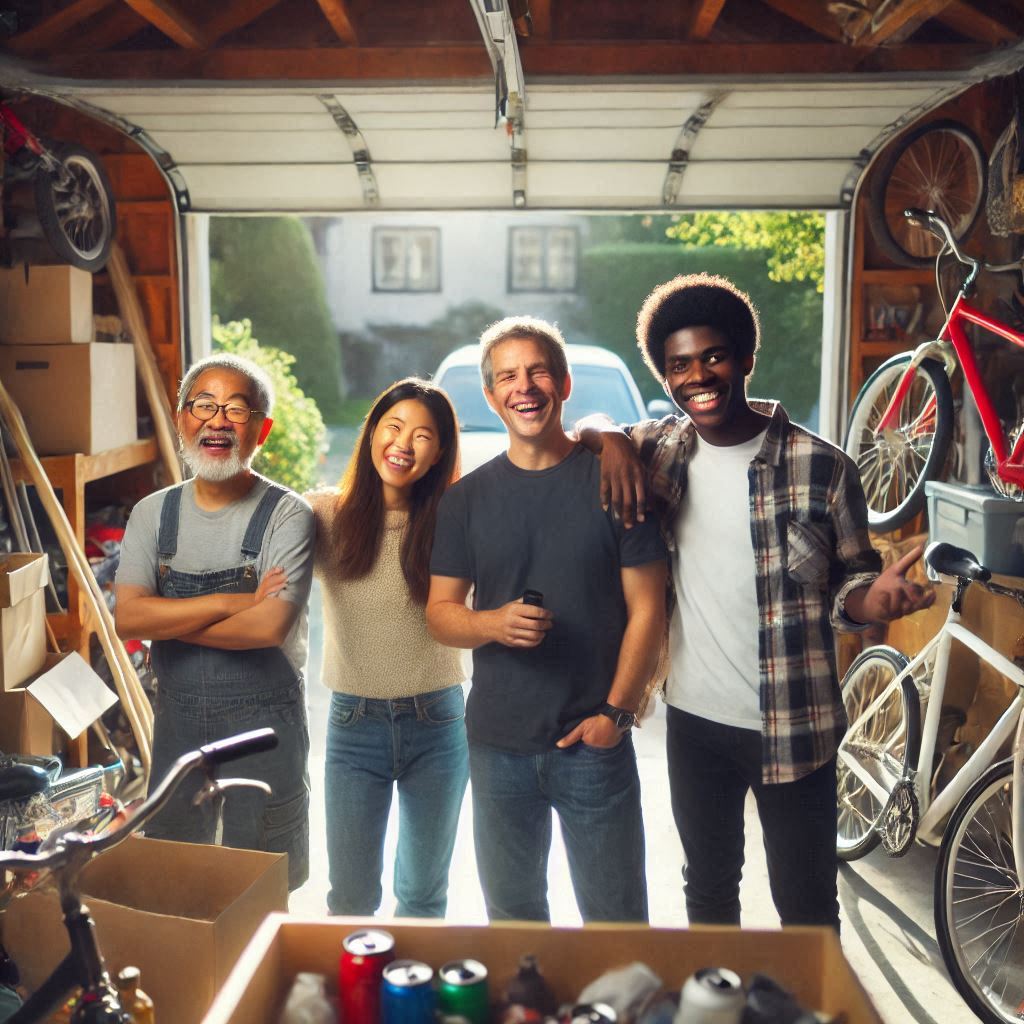 "Person cleaning a garage, including organizing tools and removing dirt from the floor, using garage cleaning products from Ultimate-Clean-Team