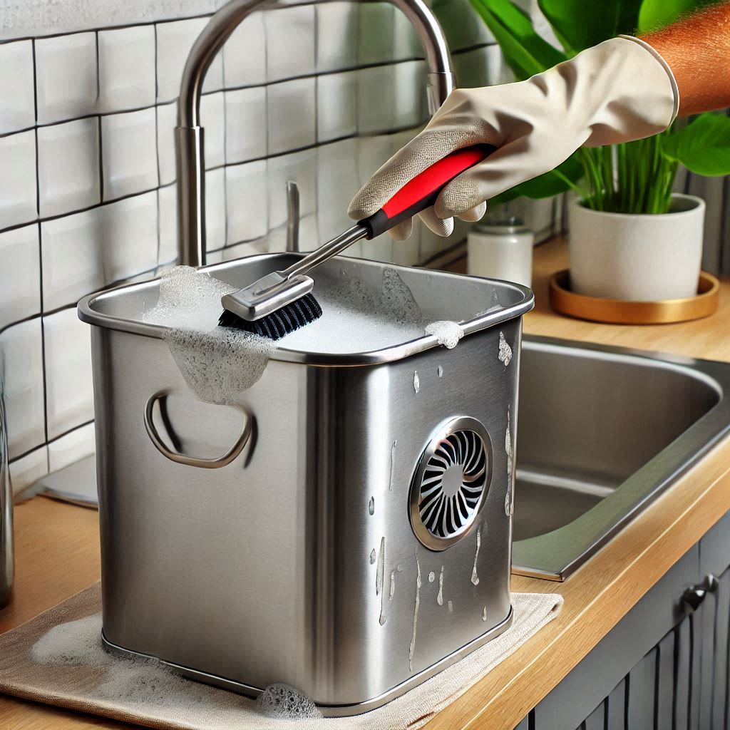 Person cleaning a stainless steel-looking bin in a kitchen, including scrubbing and deodorizing, using bin cleaning products from Ultimate-Clean-Team