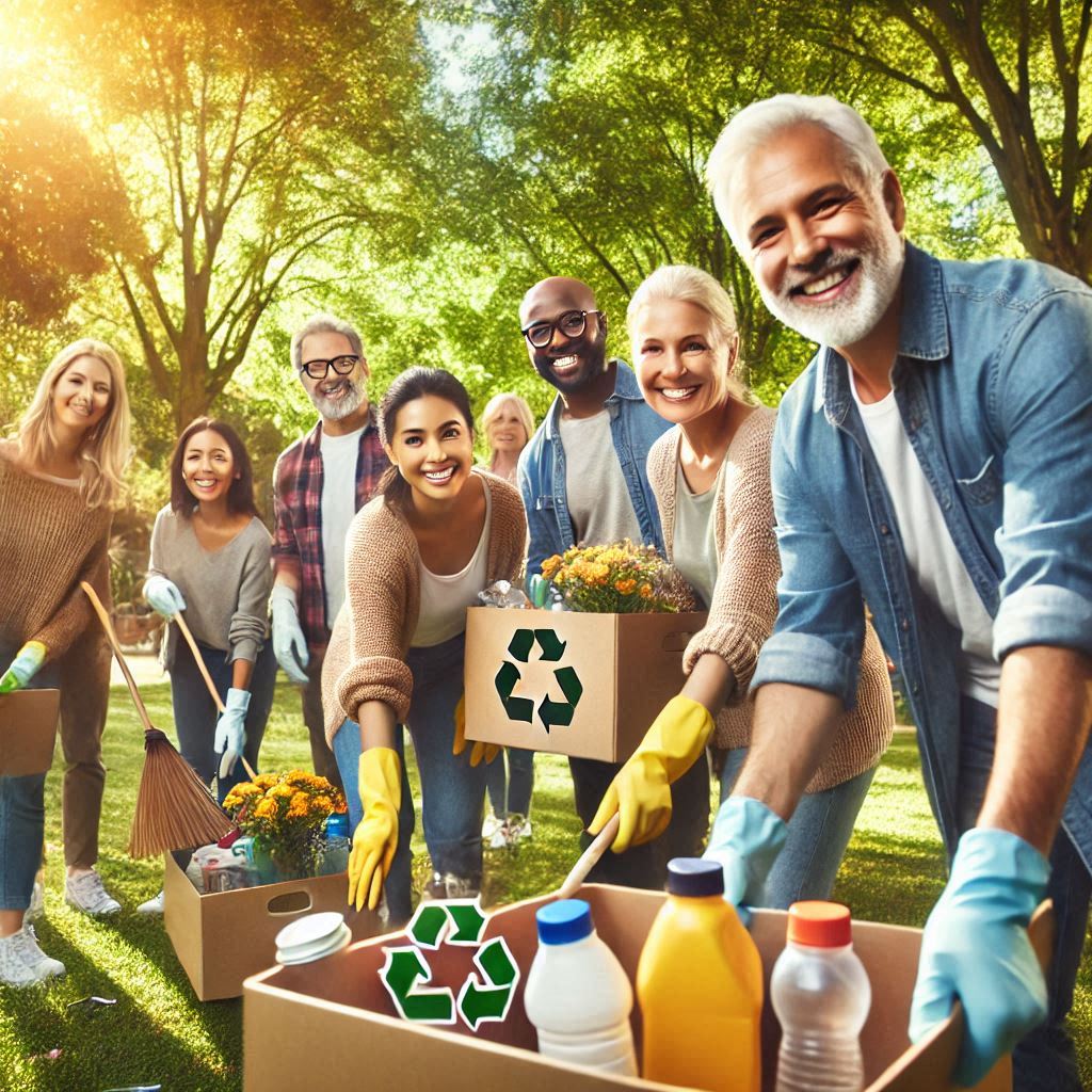 Person cleaning an outdoor area, including washing a patio, cleaning outdoor furniture, and maintaining a garden, with outdoor cleaning products from Ultimate-Clean-Team