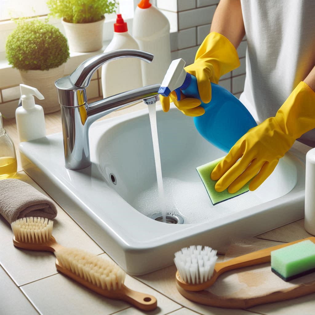 Bathroom Cleaning Collection featuring someone cleaning a bathroom sink with cleaning products at Ultimate-Clean-Team