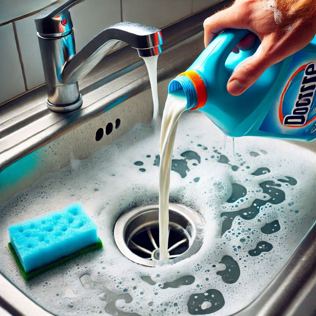 Cleaning product being poured down a sink with the hole foaming up, using drains cleaning products from Ultimate-Clean-Team.